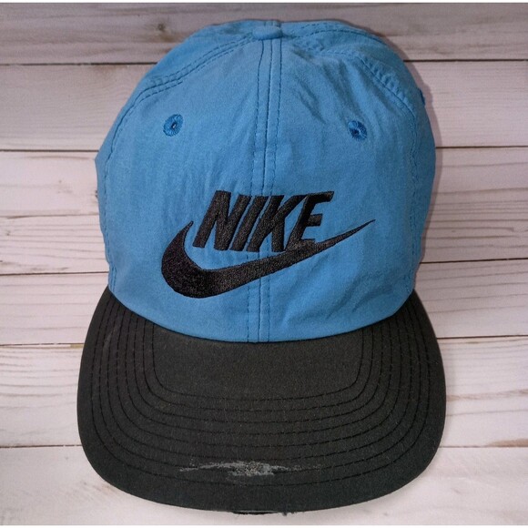 Vintage Nike Hat Cap Blue Black Nylon Snapback Swoosh Logo